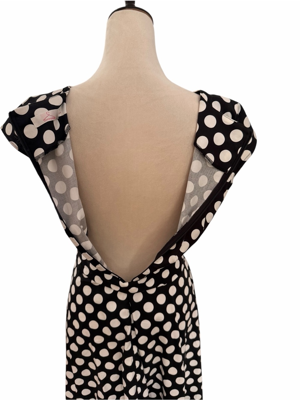 Large Polka Dot Tie-Waist Fit and Flare Dress Black White Cap Sleeves Cotton - Picture 5 of 7